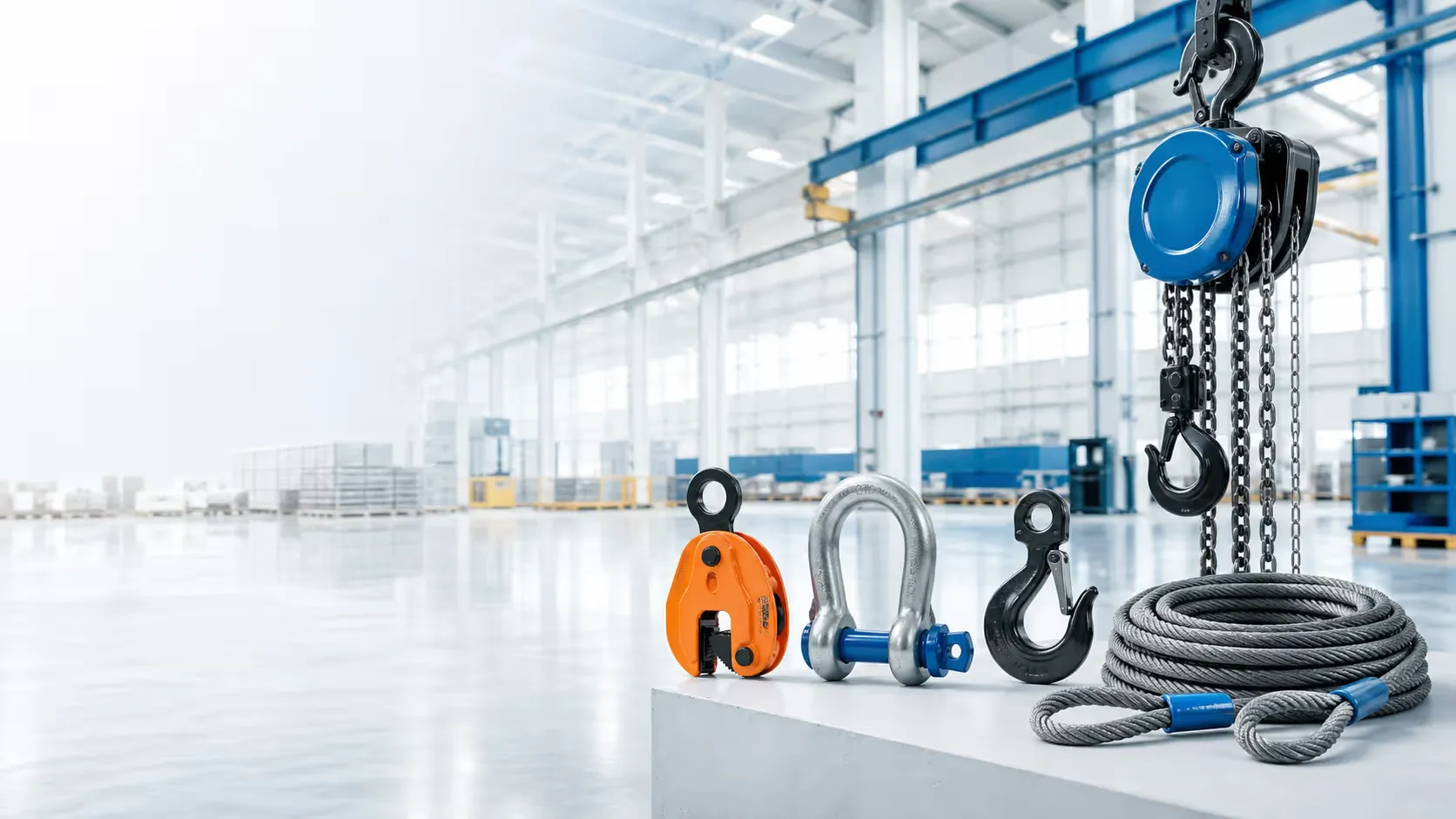 Industrial overhead crane chain hoist with lifting tackles and forklift in warehouse